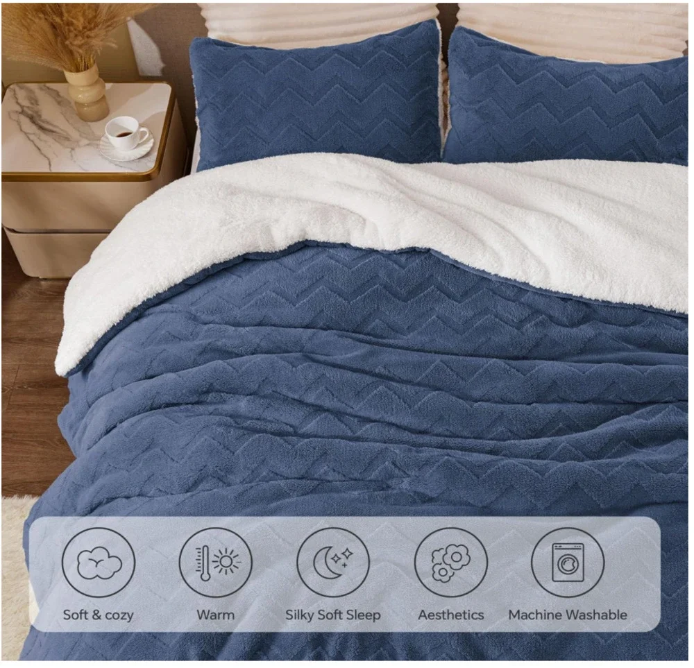 BEDELITE Fluffy Queen Comforter Set - Super Soft Sherpa Navy Comforter *NEW*